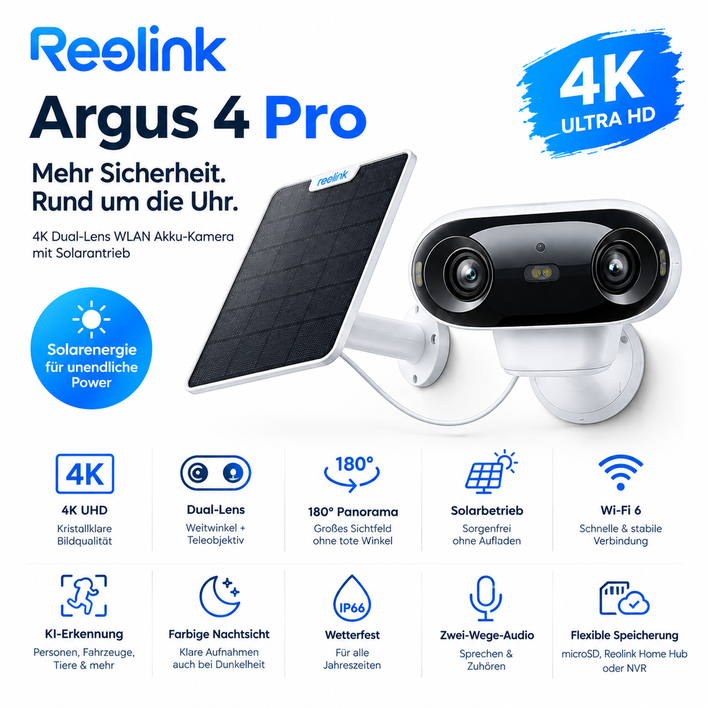 Reolink Kamera Argus 4 Pro 4K, Akku Außenkamera, WLAN Überwachungskamera mit Nachtsicht