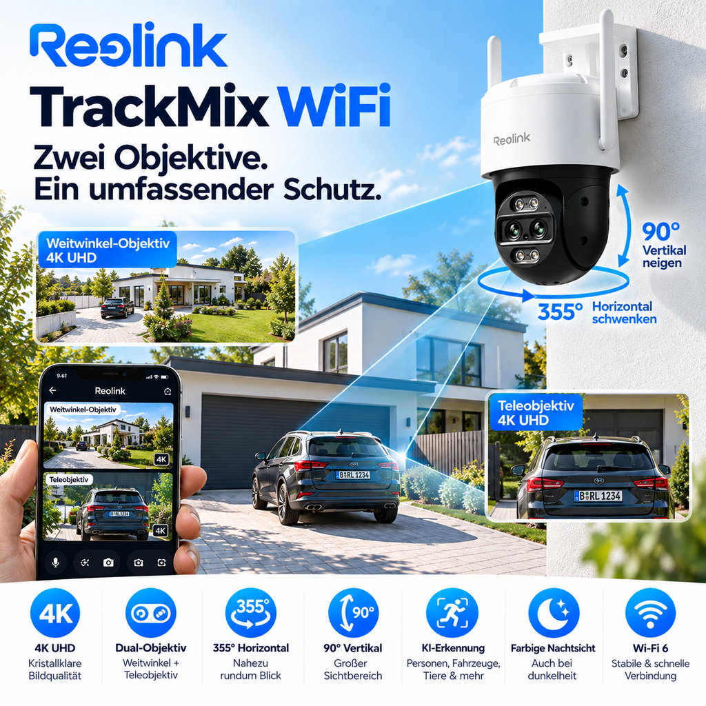 Reolink Kamera TrackMix WiFi 4K, Überwachungskamera mit Auto-Tracking und Nachtsicht