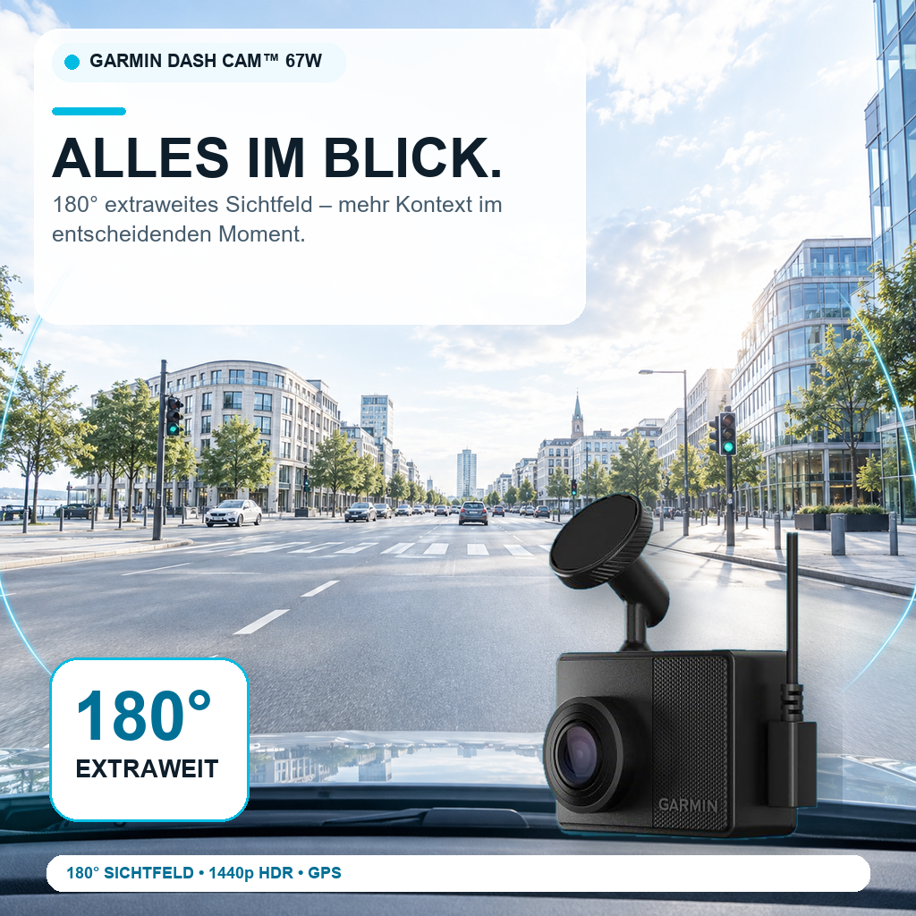 Garmin Dash Cam 67W – Dashcam Auto 1440p mit GPS, 180° Weitwinkel & Sprachsteuerung – Dashcam Test