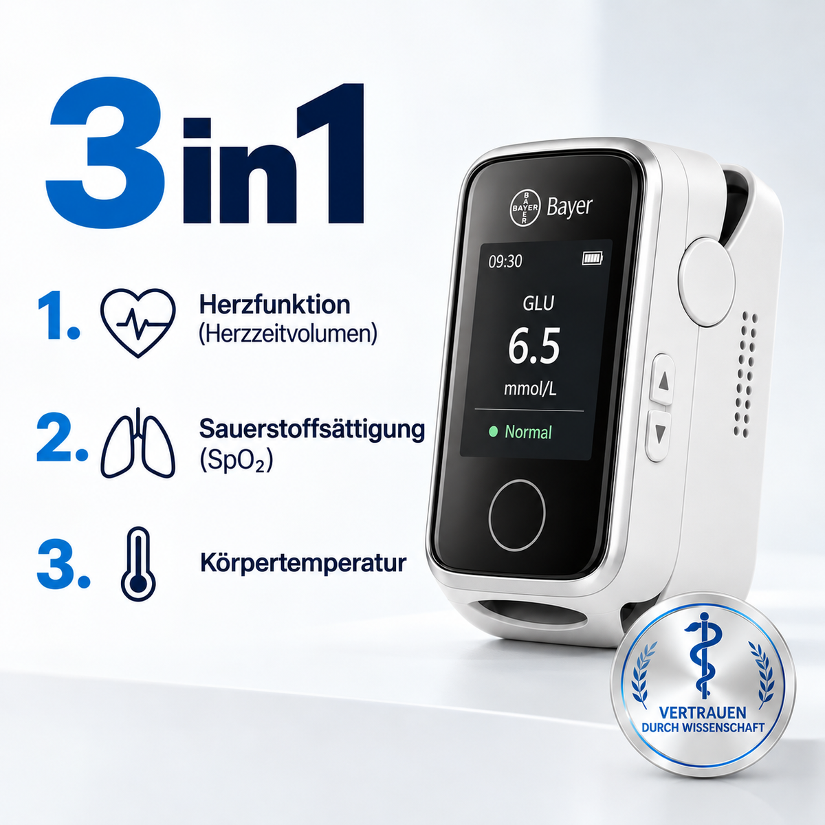 Bayer Blutzuckermessgerät ohne Stechen 12-in-1 – Digitales Messgerät für Blutzucker und Gesundheitswerte