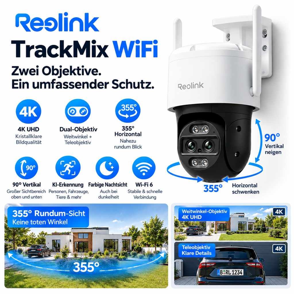 Reolink Kamera TrackMix WiFi 4K, Überwachungskamera mit Auto-Tracking und Nachtsicht