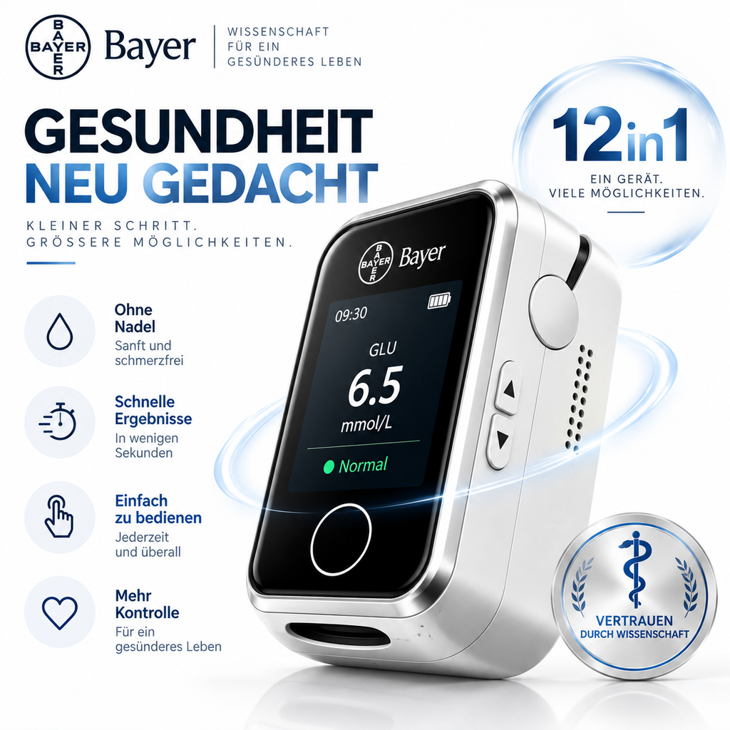 Misuratore di glicemia Bayer senza puntura 12-in-1 – Dispositivo digitale per la glicemia e i valori sanitari
