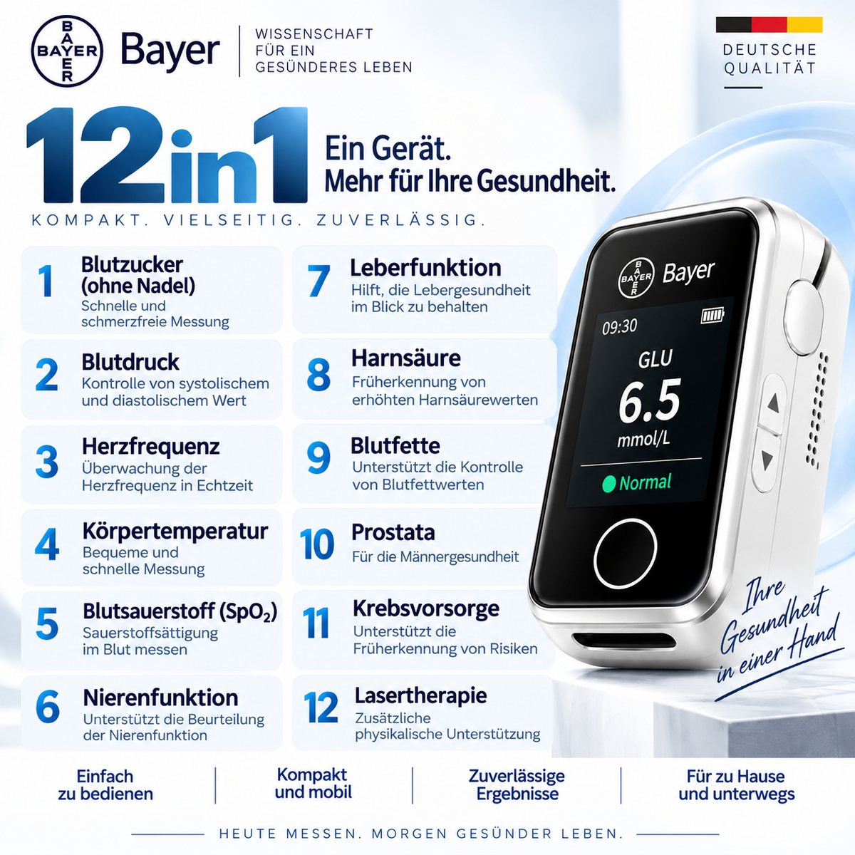 Bayer Blutzuckermessgerät ohne Stechen 12-in-1 – Digitales Messgerät für Blutzucker und Gesundheitswerte