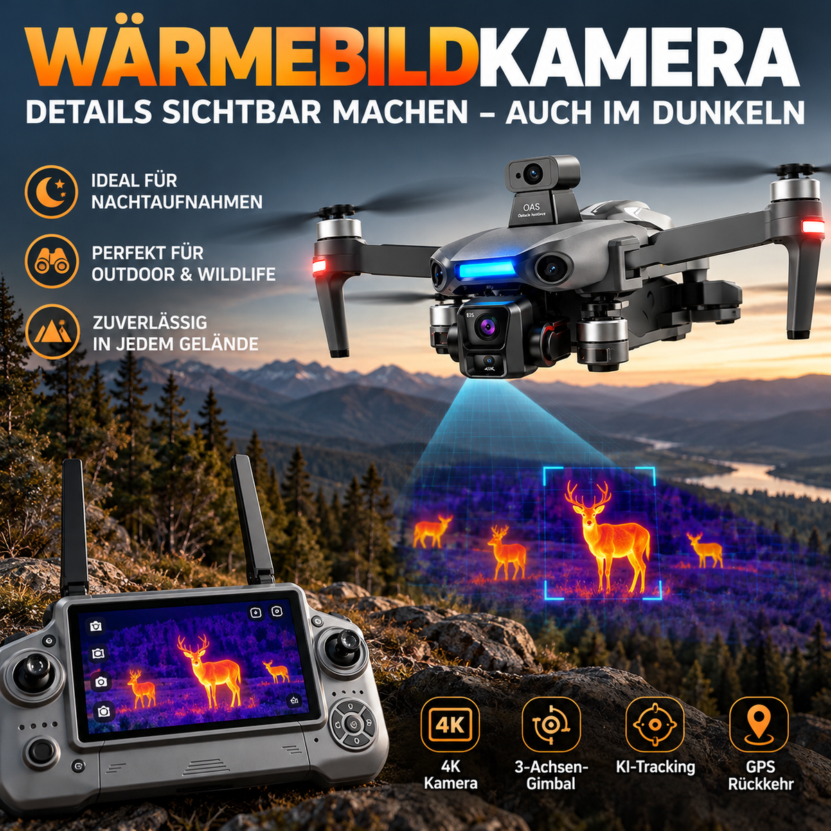 Profi Wärmebild-Drohne mit 4K Kamera, Infrarot & GPS, für Jagd, Sicherheit und Industrie