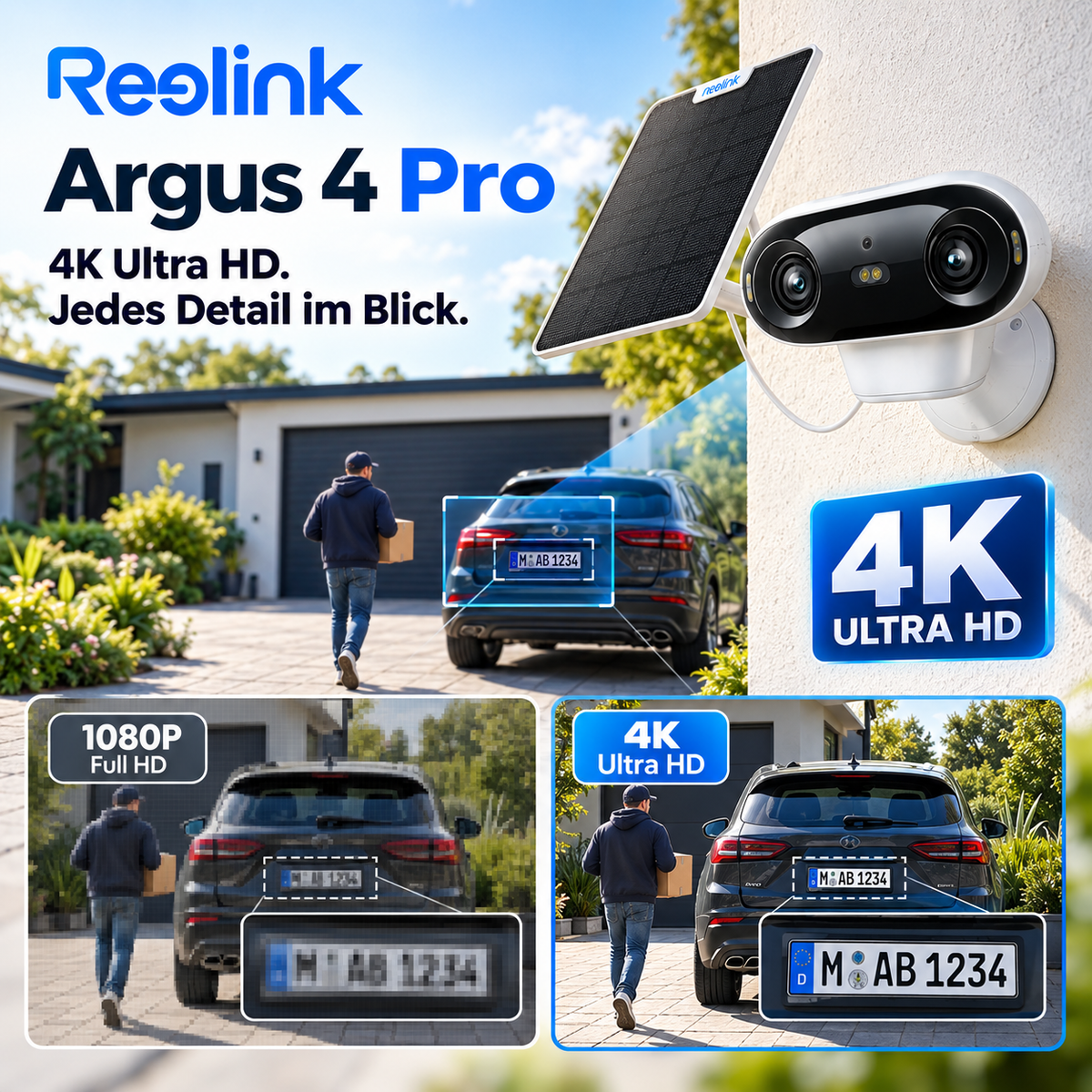 Reolink Kamera Argus 4 Pro 4K, Akku Außenkamera, WLAN Überwachungskamera mit Nachtsicht