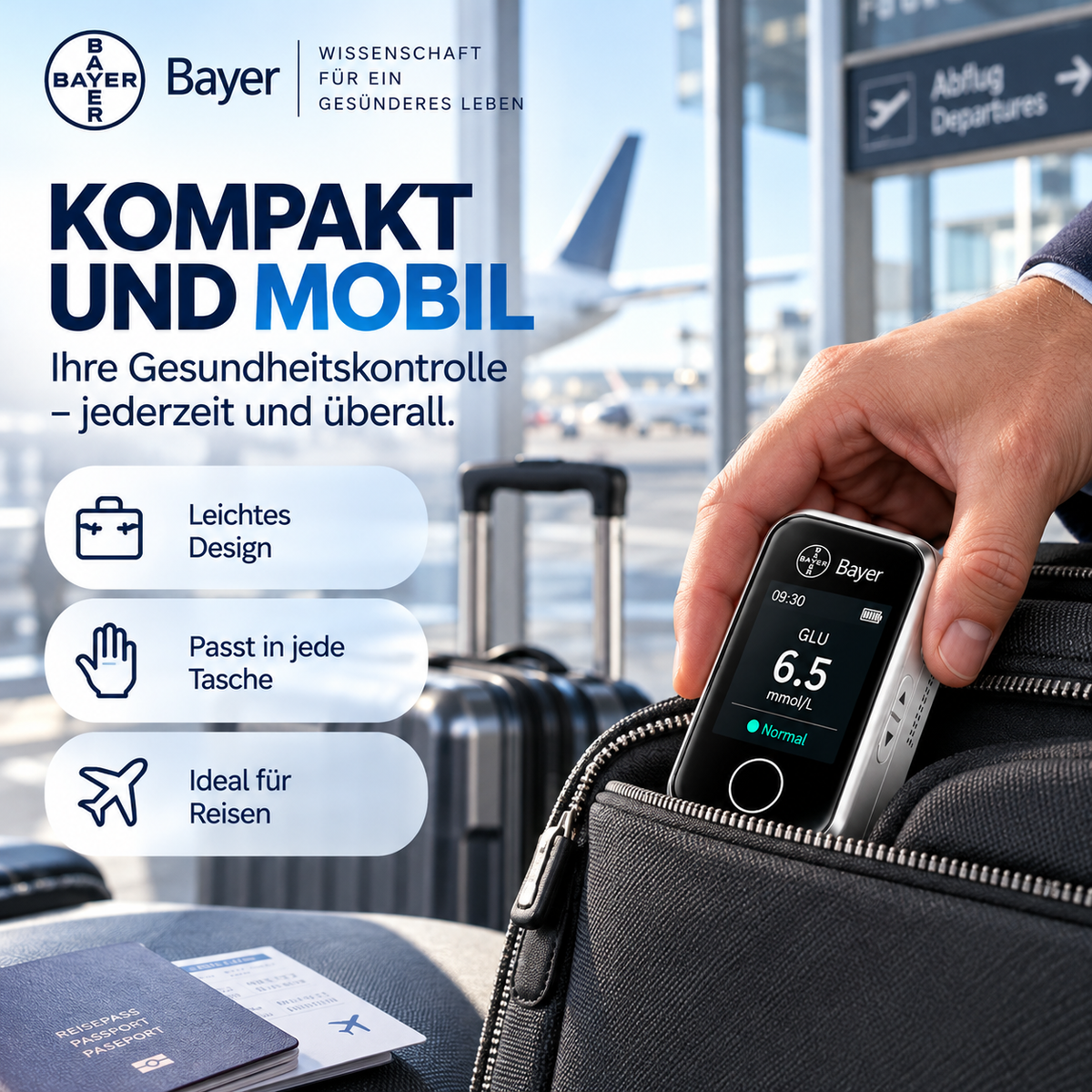 Bayer Blutzuckermessgerät ohne Stechen 12-in-1 – Digitales Messgerät für Blutzucker und Gesundheitswerte