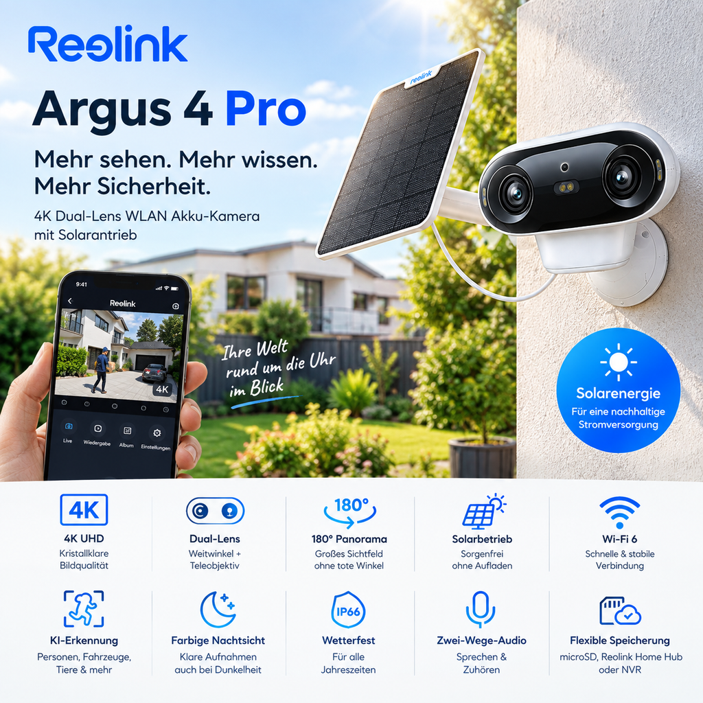 Reolink Kamera Argus 4 Pro 4K, Akku Außenkamera, WLAN Überwachungskamera mit Nachtsicht