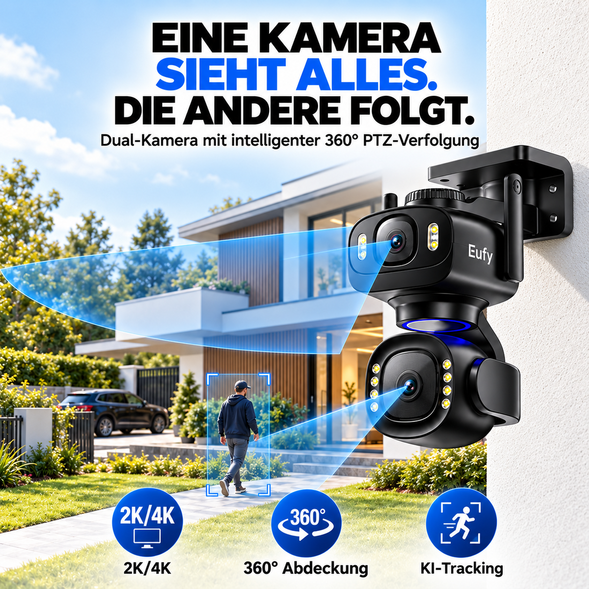 Eufy Überwachungskamera Außen WLAN – Floodlight Cam E340 Dual Kamera 3K 360°