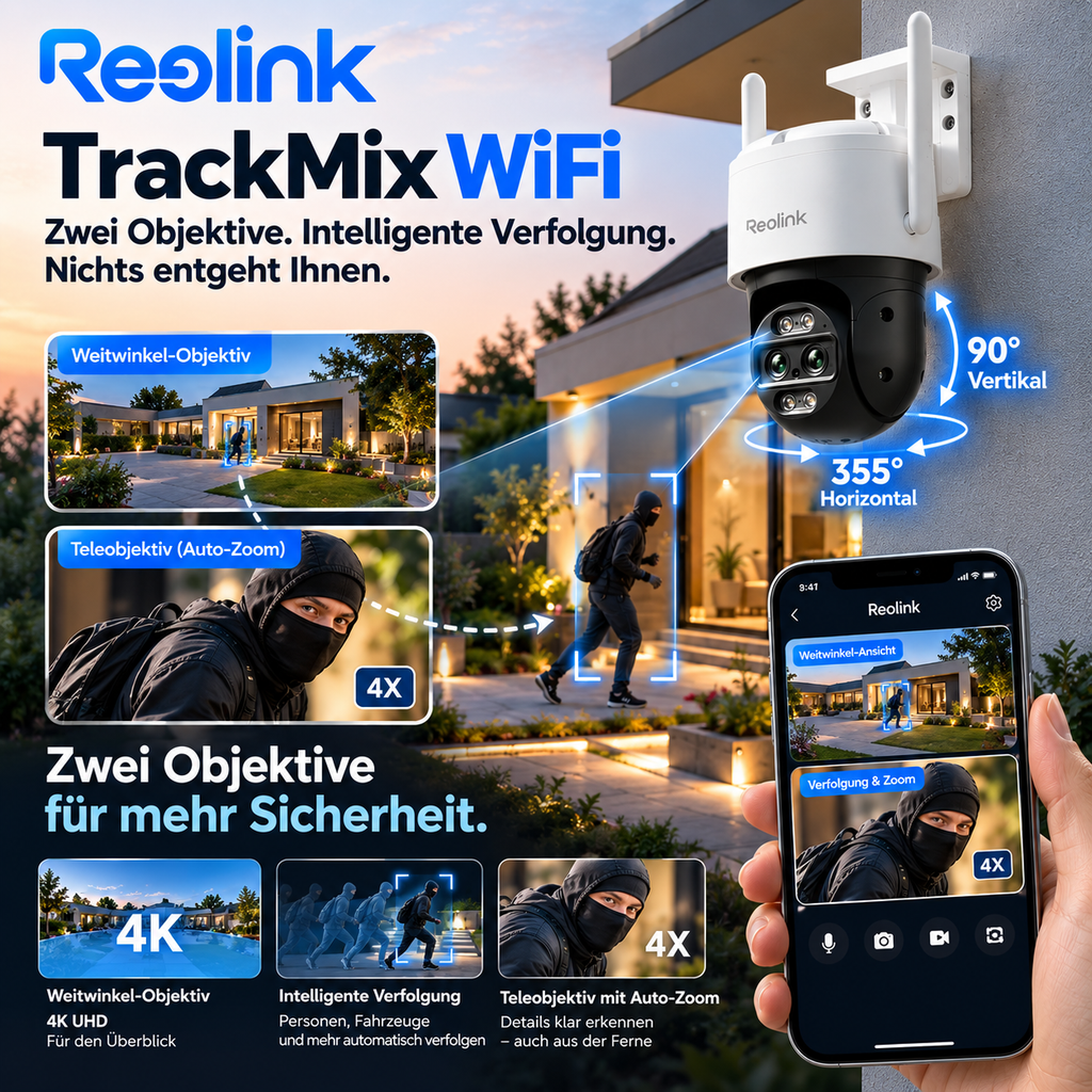 Reolink Kamera TrackMix WiFi 4K, Überwachungskamera mit Auto-Tracking und Nachtsicht