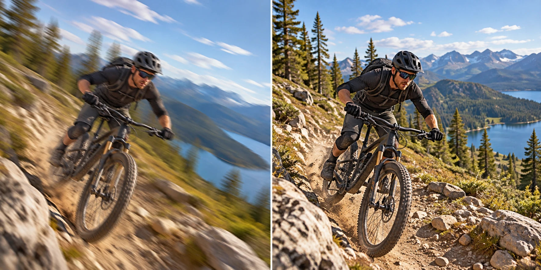 Vergleich zwischen verwackelter und stabilisierter Mountainbike-Aufnahme