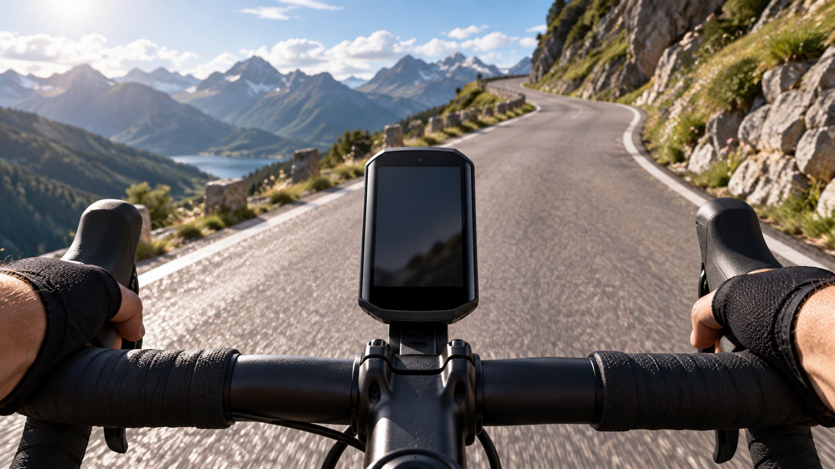Edge Fahrradcomputer am Lenker auf einer Bergstraße