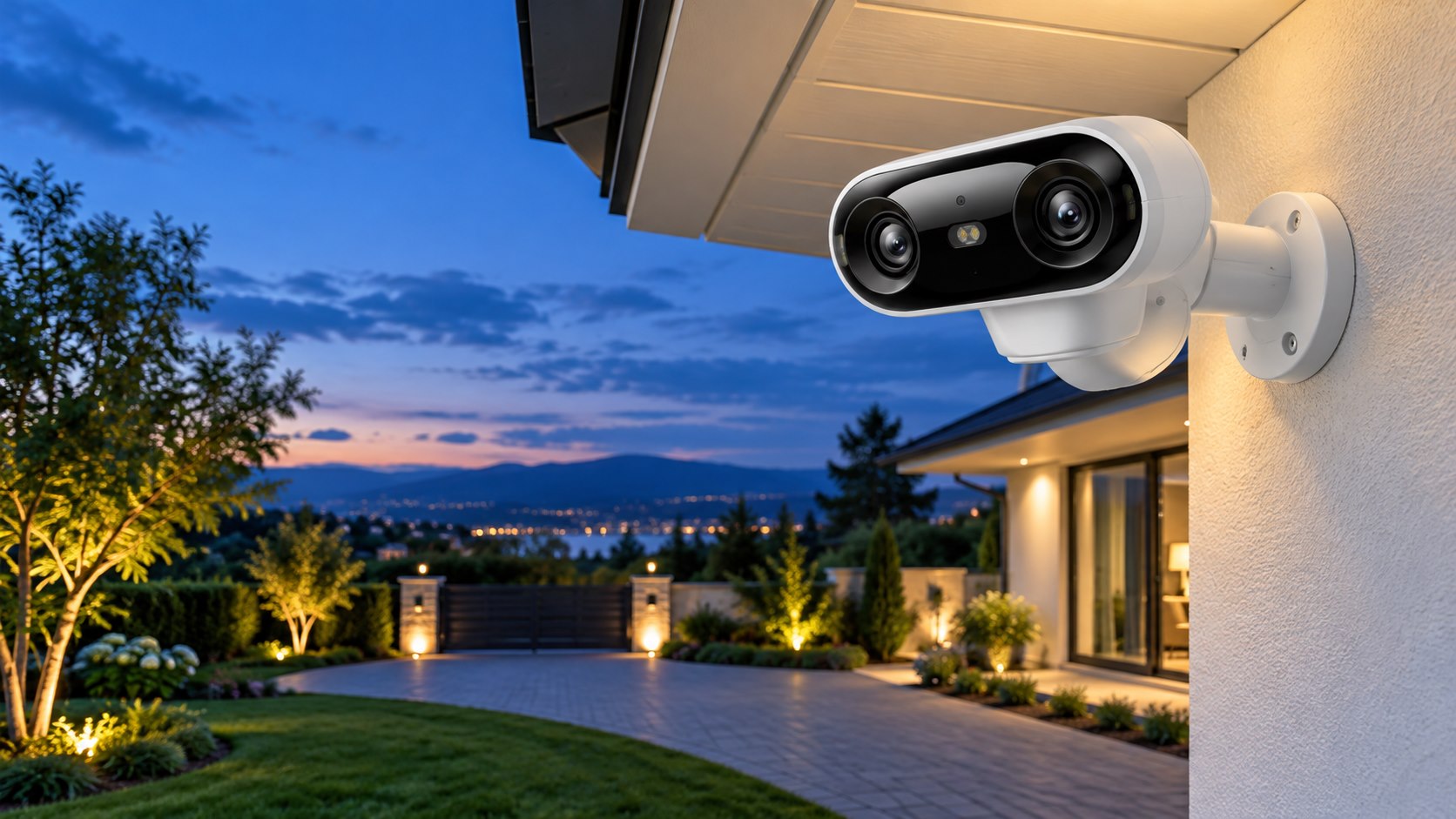 Weiße Dual-Lens-Kamera an einem Haus mit Blick auf Garten und Einfahrt