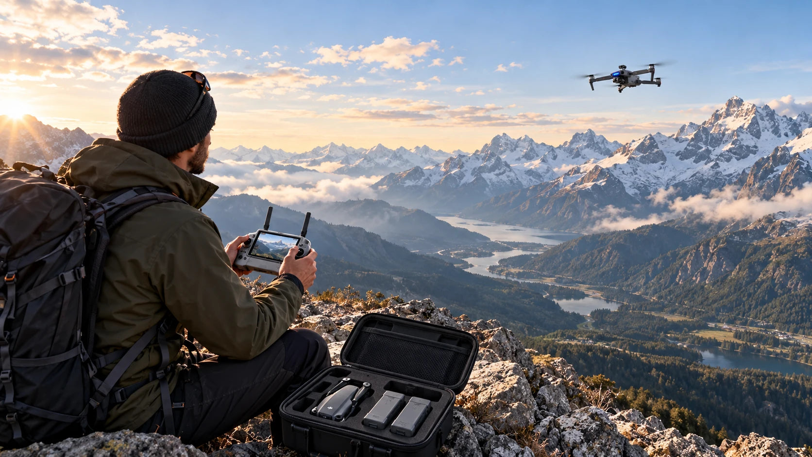 Pilot steuert eine Drohne über einer Berglandschaft