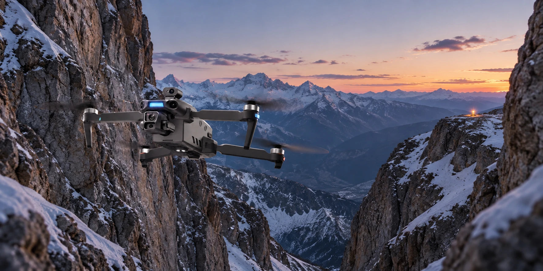 Drohne fliegt zwischen Felswänden in alpinem Gelände