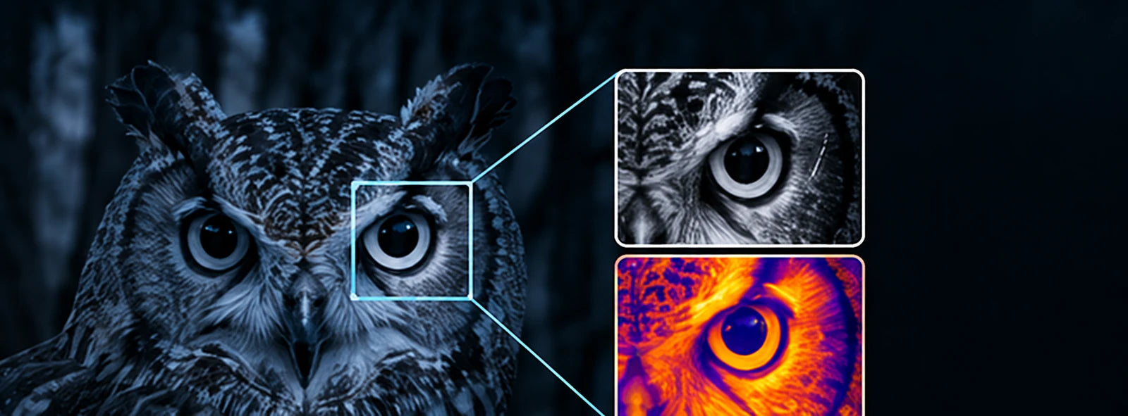 Comparación entre visión nocturna y visión térmica en el ojo de un búho