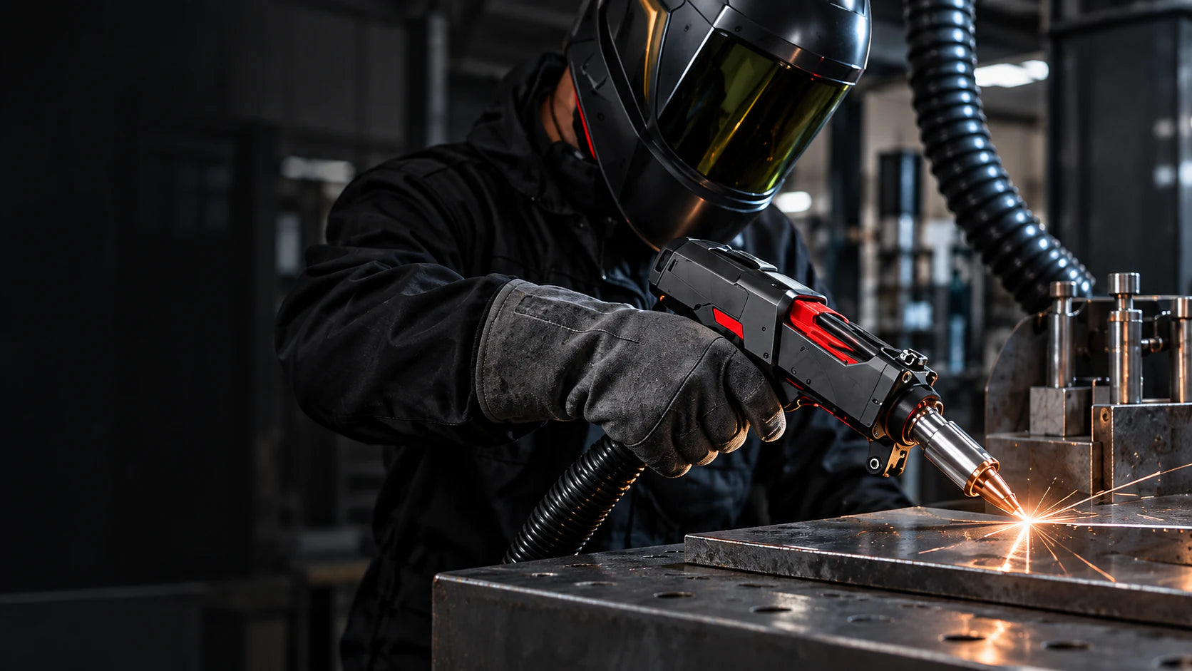 Fachkraft mit 4-in-1-Laserhandgerät in einer Metallwerkstatt