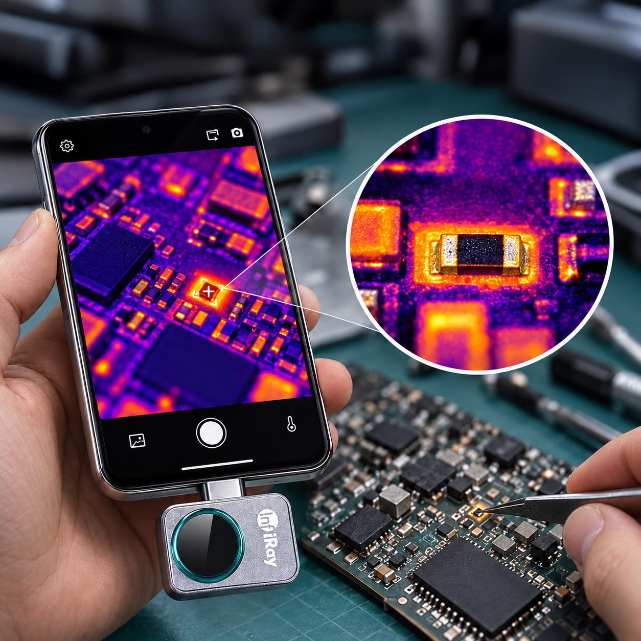 InfiRay P2 Pro mit Makroobjektiv für kleine Bauteile