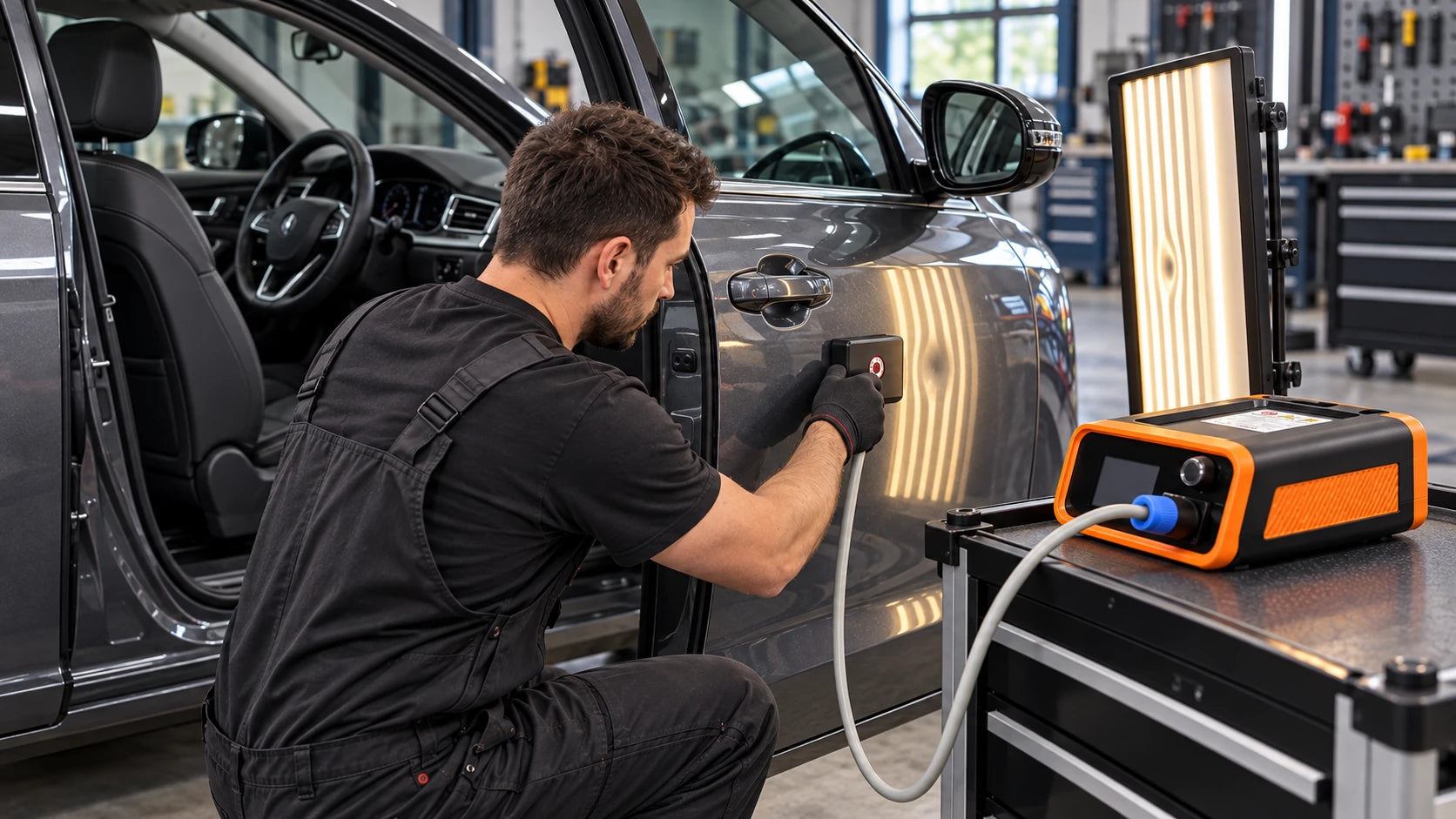 Technik přikládá indukční opravnou hlavici z vnější strany na dveře auta