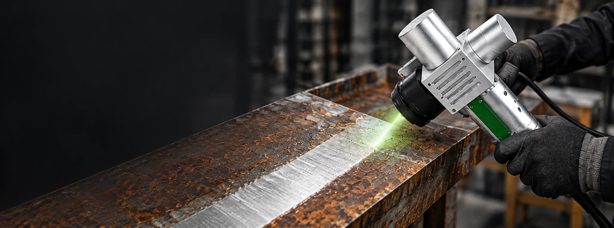 Pulsreiniger reinigt präzise eine Metalloberfläche