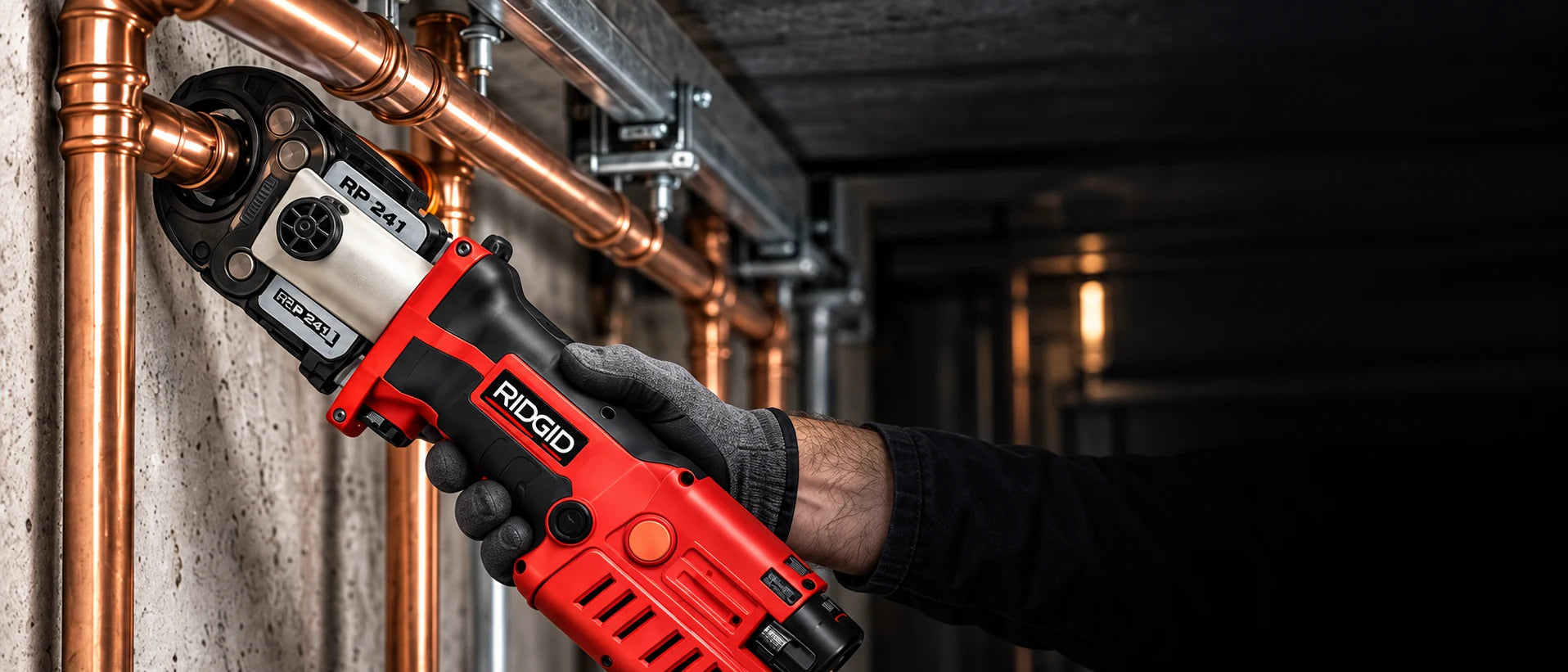 RIDGID RP 241 Presswerkzeug an einer Kupferleitung