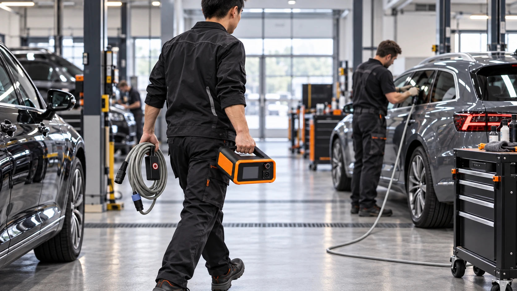 Technik nese zařízení WOYO PDR009 s dlouhým připojovacím kabelem kolem vozidla